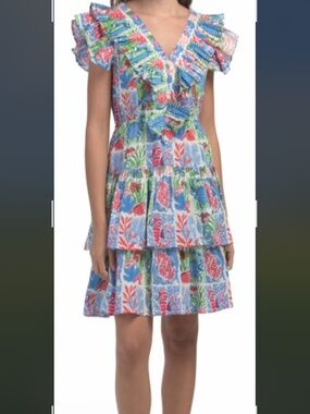 Printfresh ruffle v neck minidress stained glass